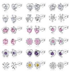 KALVICA Kleine Ohrstecker Set für Damen Mädchen Hypoallergen Sliver Ohrringe Kinder Niedlich Blume Schmetterling Herz Zirkonia Ohrringe Knorpel Piercing Ohrringe Set Rosa Silber von KALVICA