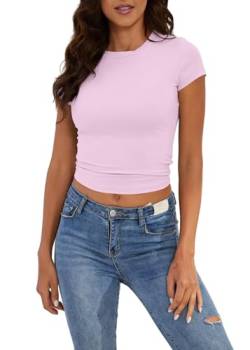 KAMISSY Damen Workout Rundhals Crop Tee Shirt Casual Cap Sleeve Slim Fit Athletic Running Solid Basic Cropped T-Shirt Top, Pink, Mittel von KAMISSY