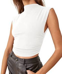 KAMISSY Frauen Workout Mock Neck Gerafft Crop Tank Top Casual Rollkragen Ärmellos Slim Fitted Crop Tops Athletic Yoga Laufen, Weiss/opulenter Garten, Klein von KAMISSY