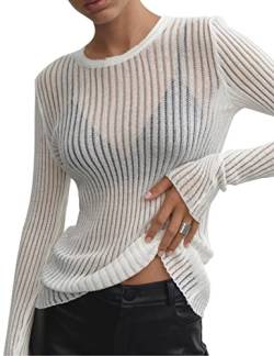 KAMISSY Frauen sehen durch Rundhalsausschnitt Sheer Mesh Strickpullover Solide Basic Langarm Loose Fit Strickpullover Pullover Top, Weiss/opulenter Garten, Klein von KAMISSY