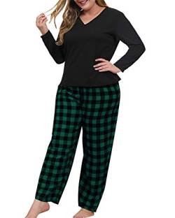 Damen Pyjama-Set in Übergröße, kariert, Loungehose, V-Ausschnitt, kurzärmelig, Baumwolle, T-Shirt, 2-teiliges Nachtwäsche, Grün 1, 3XL von KAMONG