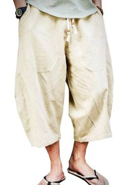 KAMUON Herren lässige baggy baumwollleinentasche lounge harem pants beach long shorts us 2xl = asian tag 5xl: taille 40"-42" beige von KAMUON