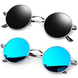 KANASTAL Runde Sonnenbrille Herren und Damen 2er Set Polarisiert Schwarze und Verspiegelt Blaue Klassische Rund Brille Retro Rave Hippie Steampunk mit Metallrahmen von KANASTAL