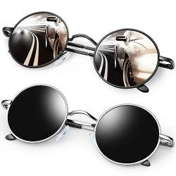 KANASTAL Runde Sonnenbrille Herren 2er Set Schwarze Runde Brille Rave UV-Schutz Sonnenbrille 90er Style Polarisiert Steampunk mit Metallrahmen von KANASTAL