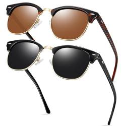KANASTAL Sonnenbrille Halbrahmen Polarisiert für Herren und Damen Glänzend Schwarz+Braun Klassisch Retro 60er Sonnenbrillen Gold Rahmen Brille von KANASTAL