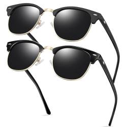 KANASTAL Sonnenbrille Halbrahmen Polarisiert für Herren und Damen Glänzend Schwarz+Matt Schwarz Klassisch Retro 60er Sonnenbrillen Gold Rahmen Brille von KANASTAL