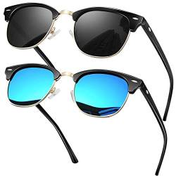 KANASTAL Sonnenbrille Halbrahmen für Herren und Damen, Polarisiert Glänzend Schwarz+Verspiegelt Blaue, Klassisch Retro 60er Sonnenbrillen Gold Rahmen Brille von KANASTAL