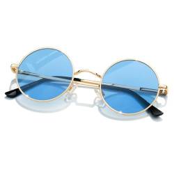 KANASTAL Sonnenbrille Herren Rund Hellblau Gläser Runde Rave Brille Polarisiert Steampunk Vintage Sonnenbrille 90er Style UV Schutz für Fahren und Alltag von KANASTAL