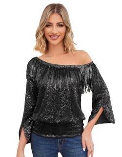 Damen Pailletten Party Top 3/4 Ärmel Bluse Glitzernde Shirts Schwarzes für Abschlussball Schwarz XL KC0349A23-01 von KANCY KOLE