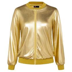 KANCY KOLE Damen Goldene Jacke Funkelnder Shiny Blazer Mäntel Party Cosplay Reißverschluss Metallic Jacke mit Tasche Gold, XXL von KANCY KOLE