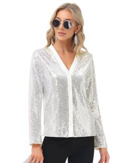 KANCY KOLE Damen Pailletten Strickjacke Langarm V-Ausschnitt Knopfleiste Elegantes Oberteil Urlaub Party Strickjacke Silber L KC0261A22-02 von KANCY KOLE