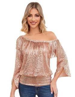 KANCY KOLE Damen Party Tops 3/4 Ärmel Quaste Glitter Vintage Damen Bluse Schräghals Herbst Tops für Abschlussball Rosa-Gold XXL KC0349A23-02 von KANCY KOLE