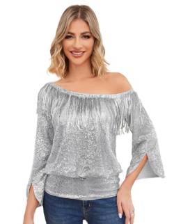 KANCY KOLE Damen Quaste Tops 3/4 Ärmel Tops Glitter Tops Schräger Ausschnitt Bluse Valentinstag Herbst Silber XXL KC0349A23-04 von KANCY KOLE