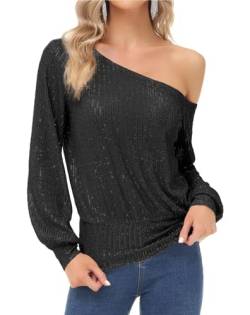 KANCY KOLE Frauen Langarm Pailletten Tops Asymmetrische Off Shoulder Tops für Party Club Schwarz L von KANCY KOLE