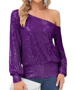 KANCY KOLE Glitzernde Pailletten Tops mit Langen Ärmeln Asymmetrische Schulterfreie Tops Violett L von KANCY KOLE