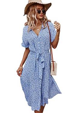 KANDEMY Damen Blumen Sommerkleid Knopf Kurzarm V-Ausschnitt Lose Knielang Strandkleid Midi-Hemdkleid mit Revers-Kragen Polka Dots Floral Freizeit Kleider für Frauen Blau M von KANDEMY