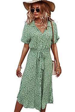 KANDEMY Damen Blumen Sommerkleid Knopf Kurzarm V-Ausschnitt Lose Knielang Strandkleid Midi-Hemdkleid mit Revers-Kragen Polka Dots Floral Freizeit Kleider für Frauen Grün S von KANDEMY