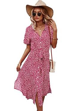 KANDEMY Damen Blumen Sommerkleid mit Knopf Kurzarm V-Ausschnitt Lose Knielang Strandkleid Midi-Hemdkleid mit Revers-Kragen Polka Dots Floral Freizeit Kleider für Frauen Rot S von KANDEMY