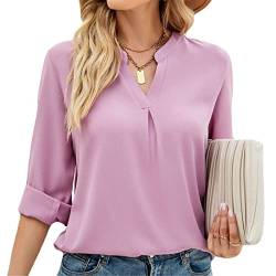 KANDEMY Damen Bluse Langarm Elegant V-Ausschnitt Tunika Shirt Oberteil Locker Longshirt Casual Tops Pink S von KANDEMY