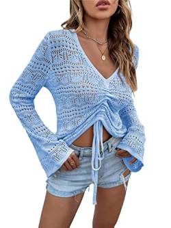 KANDEMY Damen Boho Strick Oberteile V-Ausschnitt Off Shoulder Strand Cover Up Bauchfrei Sommer Tops mit Löcher Locker Sexy Strandmode Oversize Blau S von KANDEMY