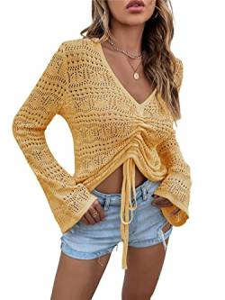 KANDEMY Damen Boho Strick Oberteile V-Ausschnitt Off Shoulder Strand Cover Up Bauchfrei Sommer Tops mit Löcher Locker Sexy Strandmode Oversize Gelb M von KANDEMY