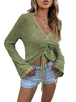 KANDEMY Damen Boho Strick Oberteile V-Ausschnitt Off Shoulder Strand Cover Up Bauchfrei Sommer Tops mit Löcher Locker Sexy Strandmode Oversize Grün XL von KANDEMY