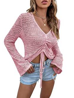 KANDEMY Damen Boho Strick Oberteile V-Ausschnitt Off Shoulder Strand Cover Up Bauchfrei Sommer Tops mit Löcher Locker Sexy Strandmode Oversize Pink L von KANDEMY