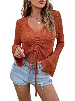 KANDEMY Damen Boho Strick Oberteile V-Ausschnitt Off Shoulder Strand Cover Up Bauchfrei Sommer Tops mit Löcher Locker Sexy Strandmode Oversize Rot L von KANDEMY