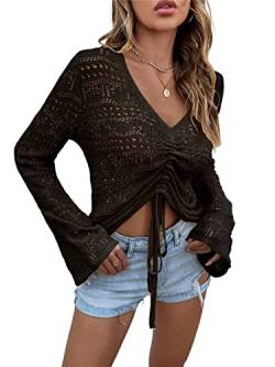 KANDEMY Damen Boho Strick Oberteile V-Ausschnitt Off Shoulder Strand Cover Up Bauchfrei Sommer Tops mit Löcher Locker Sexy Strandmode Oversize Schwarz XL von KANDEMY