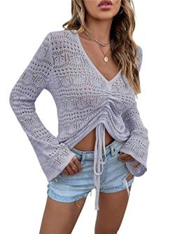 KANDEMY Damen Boho Strick Oberteile V-Ausschnitt Off Shoulder Strand Cover Up Bauchfrei Sommer Tops mit Löcher Locker Sexy Strandmode Oversize Violett S von KANDEMY