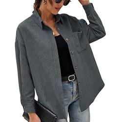 KANDEMY Damen Hemdjacke mit Knöpfen Cordjacke Lange Ärmel Vintage Hemd Freizeitjacke mit Tasche Frauen Outwear Frühling Herbst Grau XL von KANDEMY