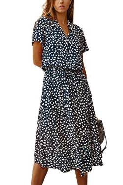 KANDEMY Damen Sommerkleid Blusenkleid mit Knöpfe Polka Dots Standkleid Kurzarm V-Ausschnitt Lose Knielang Midi Freizeit Sommer Kleider für Frauen Blau L von KANDEMY