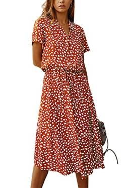 KANDEMY Damen Sommerkleid Blusenkleid mit Knöpfe Polka Dots Standkleid Kurzarm V-Ausschnitt Lose Knielang Midi Freizeit Sommer Kleider für Frauen Braun L von KANDEMY