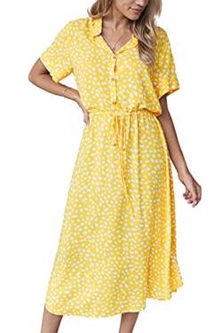 KANDEMY Damen Sommerkleid Blusenkleid mit Knöpfe Polka Dots Standkleid Kurzarm V-Ausschnitt Lose Knielang Midi Freizeit Sommer Kleider für Frauen Gelb XL von KANDEMY
