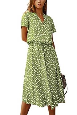 KANDEMY Damen Sommerkleid Blusenkleid mit Knöpfe Polka Dots Standkleid Kurzarm V-Ausschnitt Lose Knielang Midi Freizeit Sommer Kleider für Frauen Grün L von KANDEMY