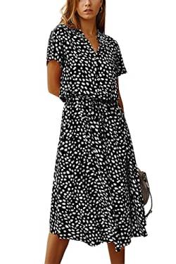 KANDEMY Damen Sommerkleid Blusenkleid mit Knöpfe Polka Dots Standkleid Kurzarm V-Ausschnitt Lose Knielang Midi Freizeit Sommer Kleider für Frauen Schwarz M von KANDEMY