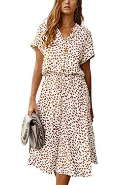 KANDEMY Damen Sommerkleid Blusenkleid mit Knöpfe Polka Dots Standkleid Kurzarm V-Ausschnitt Lose Knielang Midi Freizeit Sommer Kleider für Frauen Weiß L von KANDEMY