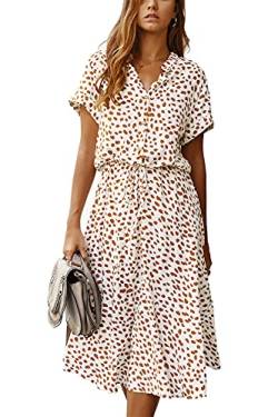 KANDEMY Damen Sommerkleid Blusenkleid mit Knöpfe Polka Dots Standkleid Kurzarm V-Ausschnitt Lose Knielang Midi Freizeit Sommer Kleider für Frauen Weiß S von KANDEMY