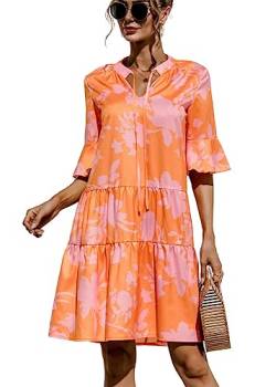 KANDEMY Damen Sommerkleid Casual T-Shirt-Kleid V-Ausschnitt Halbarm Kurzes Kleid Locker Mini Freizeitkleid Blumen-Orange 2XL von KANDEMY