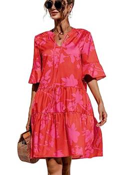 KANDEMY Damen Sommerkleid Casual T-Shirt-Kleid V-Ausschnitt Halbarm Kurzes Kleid Locker Mini Freizeitkleid Blumen-Rot M von KANDEMY