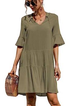 KANDEMY Damen Sommerkleid Casual T-Shirt-Kleid V-Ausschnitt Halbarm Kurzes Kleid Locker Mini Freizeitkleid Einfarbig-Grün 2XL von KANDEMY