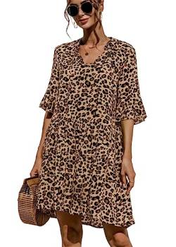 KANDEMY Damen Sommerkleid Casual T-Shirt-Kleid V-Ausschnitt Halbarm Kurzes Kleid Locker Mini Freizeitkleid Leopard-Gelb 2XL von KANDEMY