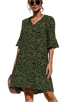 KANDEMY Damen Sommerkleid Casual T-Shirt-Kleid V-Ausschnitt Halbarm Kurzes Kleid Locker Mini Freizeitkleid Leopard-Grün L von KANDEMY