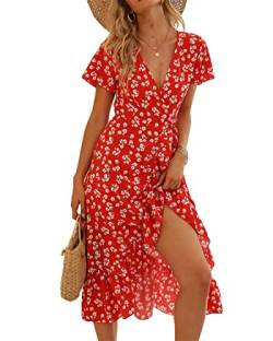 KANDEMY Damen Sommerkleid High Waist Strandkleid V-Ausschnitt Midikleid mit Gürtel Blumenmuster Kurzarm Rüschen Garten Partykleid Floral Lange Sommer Kleider für Frauen Freizeit Urlaub Rot 2XL von KANDEMY