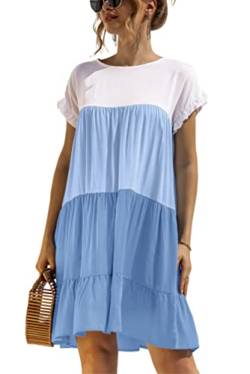 KANDEMY Damen Sommerkleid Lässig T-Shirt-Kleid mit Farbblock Kurzarm Sommer Kleider Locker Hängerkleid Freizeitkleid mit Rüschensaum Blau L von KANDEMY