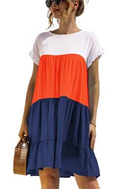 KANDEMY Damen Sommerkleid Lässig T-Shirt-Kleid mit Farbblock Kurzarm Sommer Kleider Locker Hängerkleid Freizeitkleid mit Rüschensaum Hellblau XL von KANDEMY