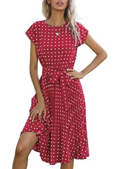 KANDEMY Damen Sommerkleid Polka Dots Elegante Abenkleider Partykleid mit Gürtel Kurzarm Midi Freizeit Sommer Kleider für Frauen Rot L von KANDEMY