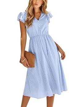 KANDEMY Damen Sommerkleid mit Rüschenärmel Blusenkleid V-Ausschnitt Hemd Blusen Kleid High Waist Midi Hemdkleid Casual mit Knöpfen Himmelblau S von KANDEMY