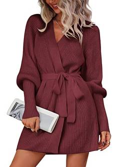 KANDEMY Damen Strickjacke Cardigan Langarm V-Ausschnitt Pulloverkleid Elegant Tunika Kleid mit Gürtel Strickmantel Lang Herbst Winter Bademantel Weinrot XL von KANDEMY