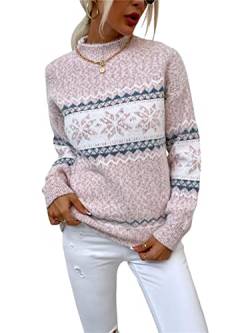 KANDEMY Damen Weihnachtspullover mit Stehkragen Christmas Pullover Warm Strickpullover mit Streifen Schneeflocken Winter Pullis für Frauen Oberteile Langarm Mode02-Pink M von KANDEMY